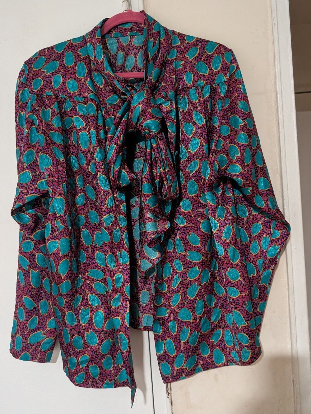 Doncaster Purple Blouse with Teal Leaf Print and Tie Neck